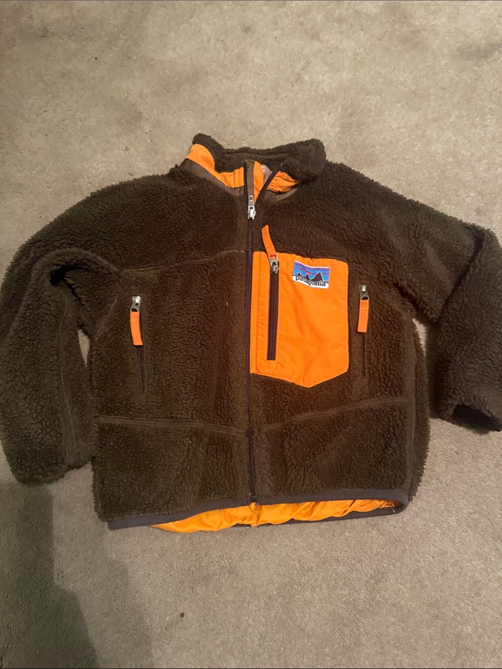 Patagonia Brown Sherpa Fleece Jacket with Orange Pocket| Kids| size:XS(5-6)